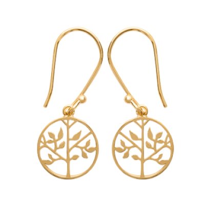 Boucles d'oreilles arbre de vie 32 mm pendantes crochets plaqué or 750