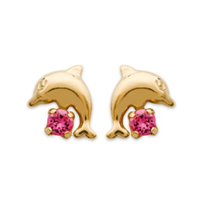 Boucles d'oreilles dauphin enfant fille plaqué or 750 3 microns et cristal rose