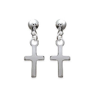 Boucles d'oreilles clous pendantes croix religieuse 17 mm - Maelle - argent 925