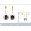 Boucles d'oreilles pendantes Plaqué Or bicolore Zircons Pierre bleue 24mm x 10mm