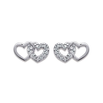 Boucles d'oreilles clous puces coeur 14 mm - France - argent 925 rhodié - zircon