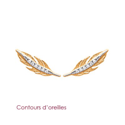 Boucles contour d'oreilles plaqué or 750 3 microns bicolore Plume oxyde de zirconium