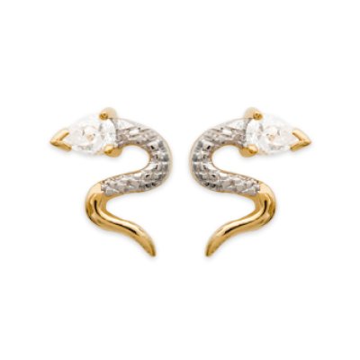 Boucles d'oreilles plaqué or 750 bicolore puces serpents oxyde de zirconium