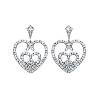 Boucles d'oreilles coeurs 23 mm pendantes - Sonia - argent 925 rhodié - zircons