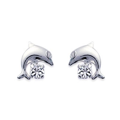 Boucles d'oreilles enfant puces dauphin 9 mm - Cala - argent 925 - cristal blanc