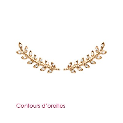 Boucles contour d'oreilles plaqué or 750 feuilles branche de laurier oxyde de zirconium