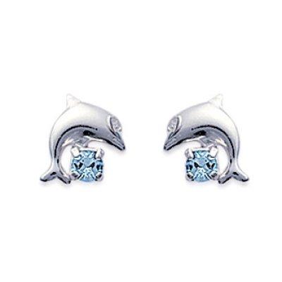 Boucles d'oreilles enfant puces dauphin 9 mm - Celia - argent 925 - cristal bleu