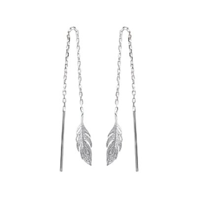 Boucles fils d'oreilles chaîne 45 mm plumes - Leana - argent massif 925 rhodié