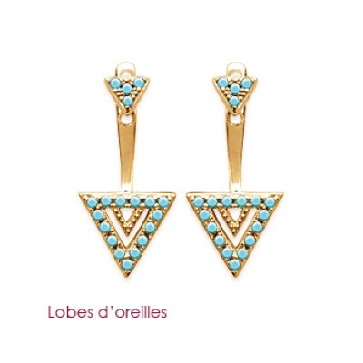 Boucles lobes d'oreilles plaqué or 750 triangles et pierre de synthèse bleu turquoise