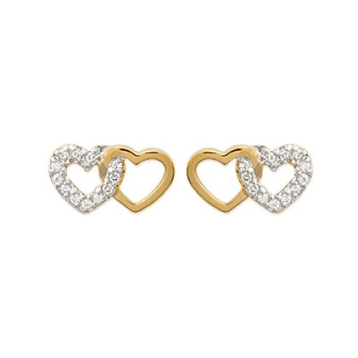 Boucles d'oreilles plaqué or 750 bicolore et oxyde de zirconium double coeurs entrelacés