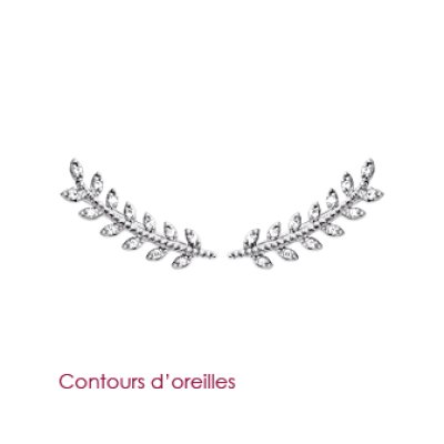 Contours d'oreilles 20 mm feuilles laurier - Imene - argent 925 rhodié - zircons