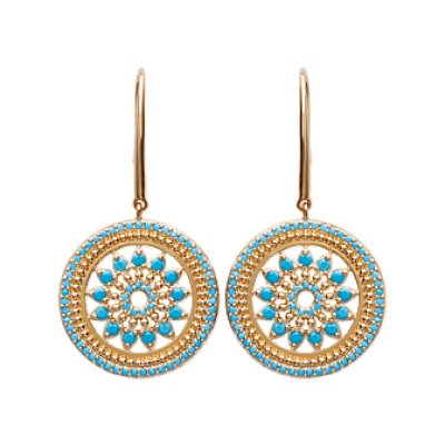 Boucles d'oreilles pendantes crochets Plaqué Or Pierres imitation turquoises 40mm x 20mm