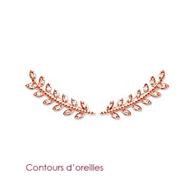 Boucles contours d'oreilles branches lauriers Plaqué Or rose crochets