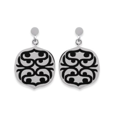 Boucles d'oreilles tribales Acier et Email noir femme pendantes poussettes tiges