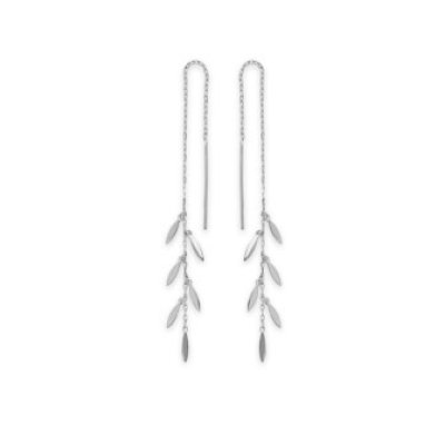 Boucles chaînes d'oreilles pendantes feuilles d'arbre argent massif rhodié