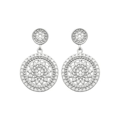 Boucles d'oreilles pendantes soleils rondes Argent rhodié Zirconium