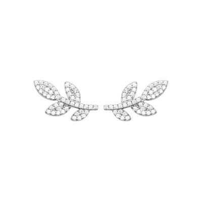 Boucles d'oreilles femme Argent 925 rhodié puces feuilles laurier Zircons