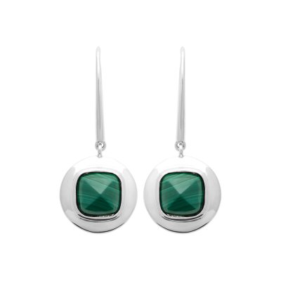 Boucles d'oreilles pendantes Argent rhodié pierre Malachite verte carrée