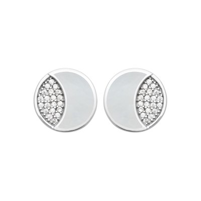 Boucles d'oreilles Nacre puces demi lune et Zircons femme Argent rhodié