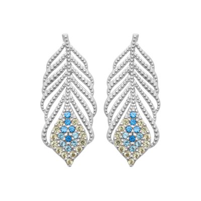 Boucles d'oreilles pendantes plume Argent rhodié Zircons Pierres bleu clair et bleu marine